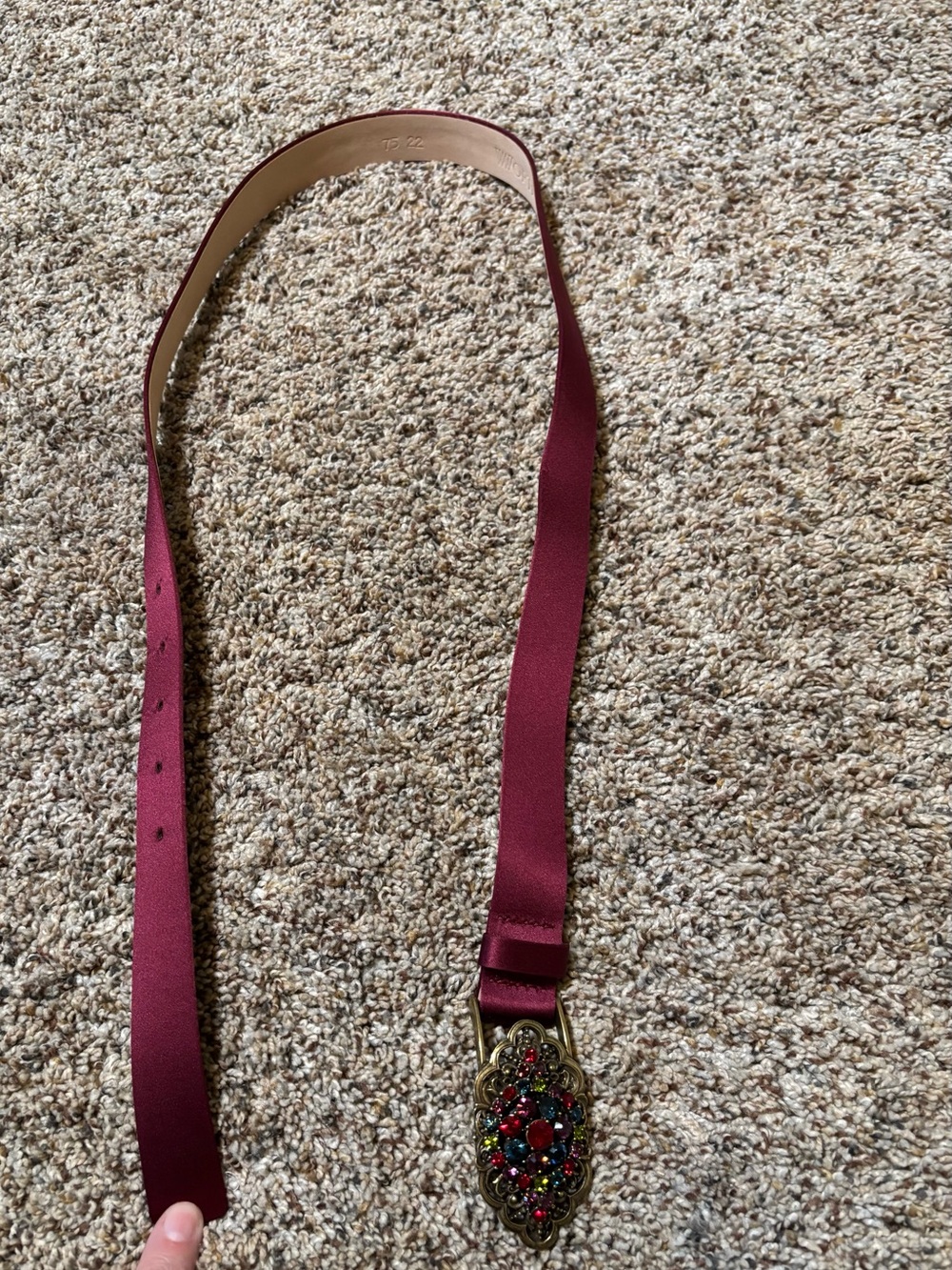 395. W by Worth Women's Satin Burgundy Gemstone Buckle Belt - Picture 3 of 7
